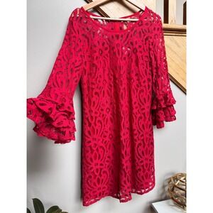 Dressbarn Women Red Lace Dress Size 10 Ruffle Bell Sleeve Eyelet Wedding Church